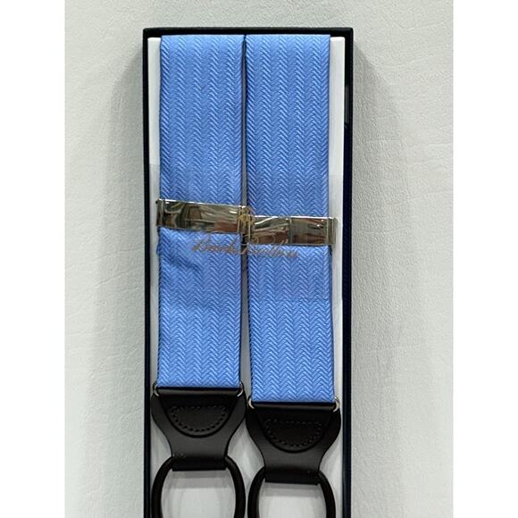 NEW Brooks Brothers Silk Suspenders Braces Blue Herringbone Leather Adjustable - Picture 3 of 6